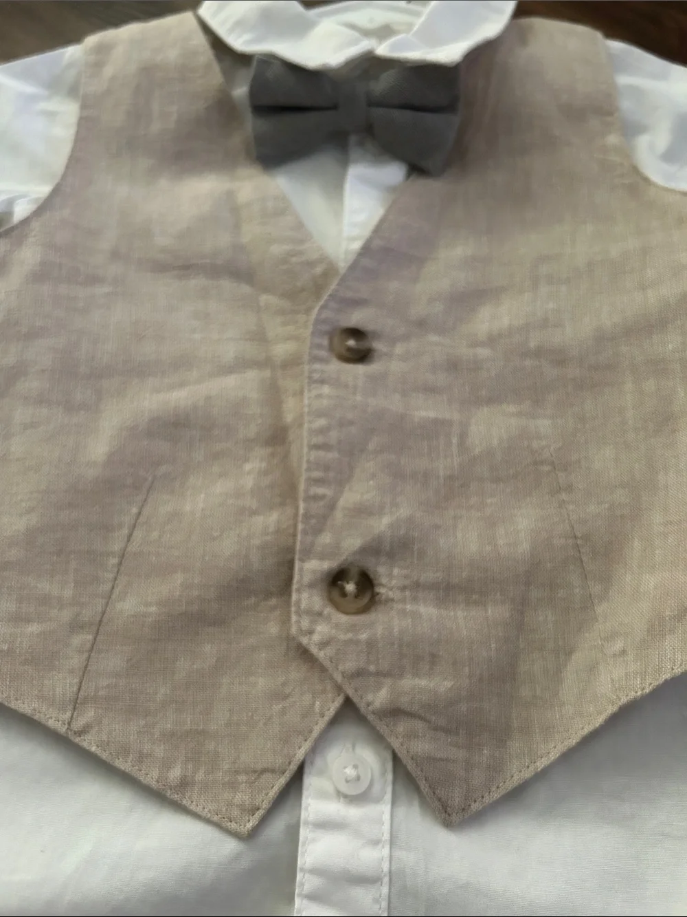 Kids Linen Vest & Shorts Set with White Shirt and Bow Tie - Beige